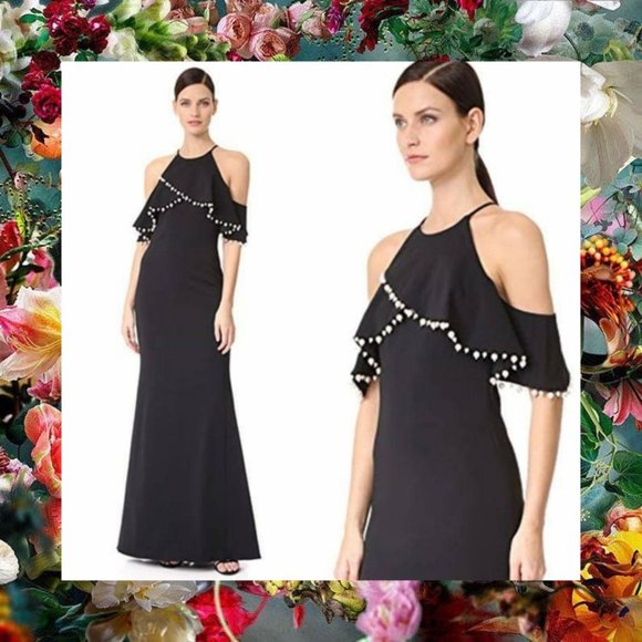 $795 NWT BADGLEY MISCHKA Women's Black Maxi Long Dress‎ 4 SMALL Ruffle Pearls - Picture 11 of 12
